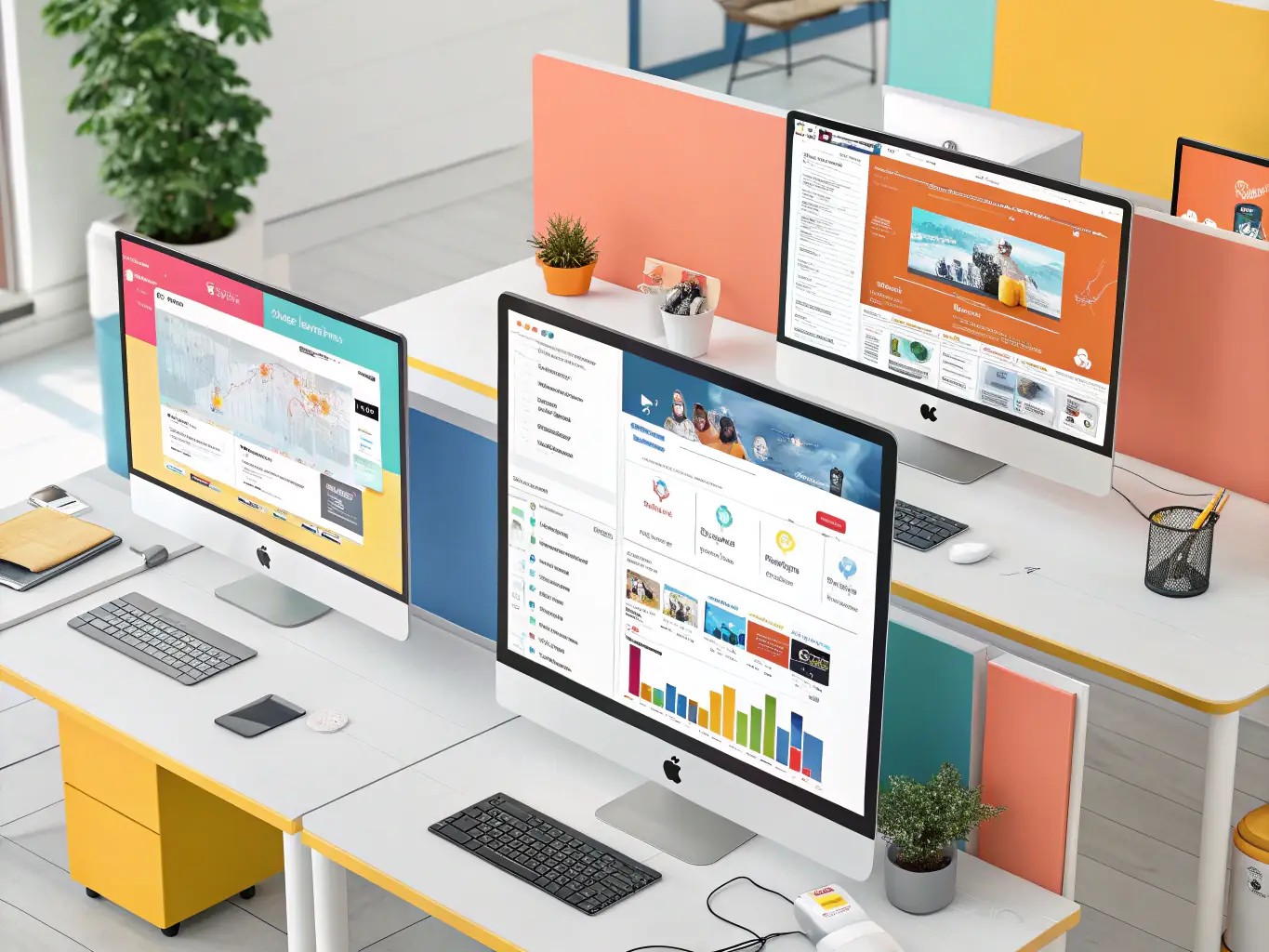 A sleek workspace with a content calendar, engaging social media posts, and analytics charts, all styled with elegant design elements inspired by butterflies, representing Di Agency's DI Flow service.