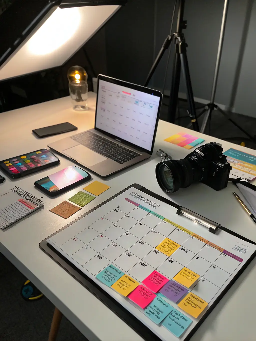 A visually engaging graphic illustrating a content calendar and workflow, representing the strategic content management provided by the DI Flow service.