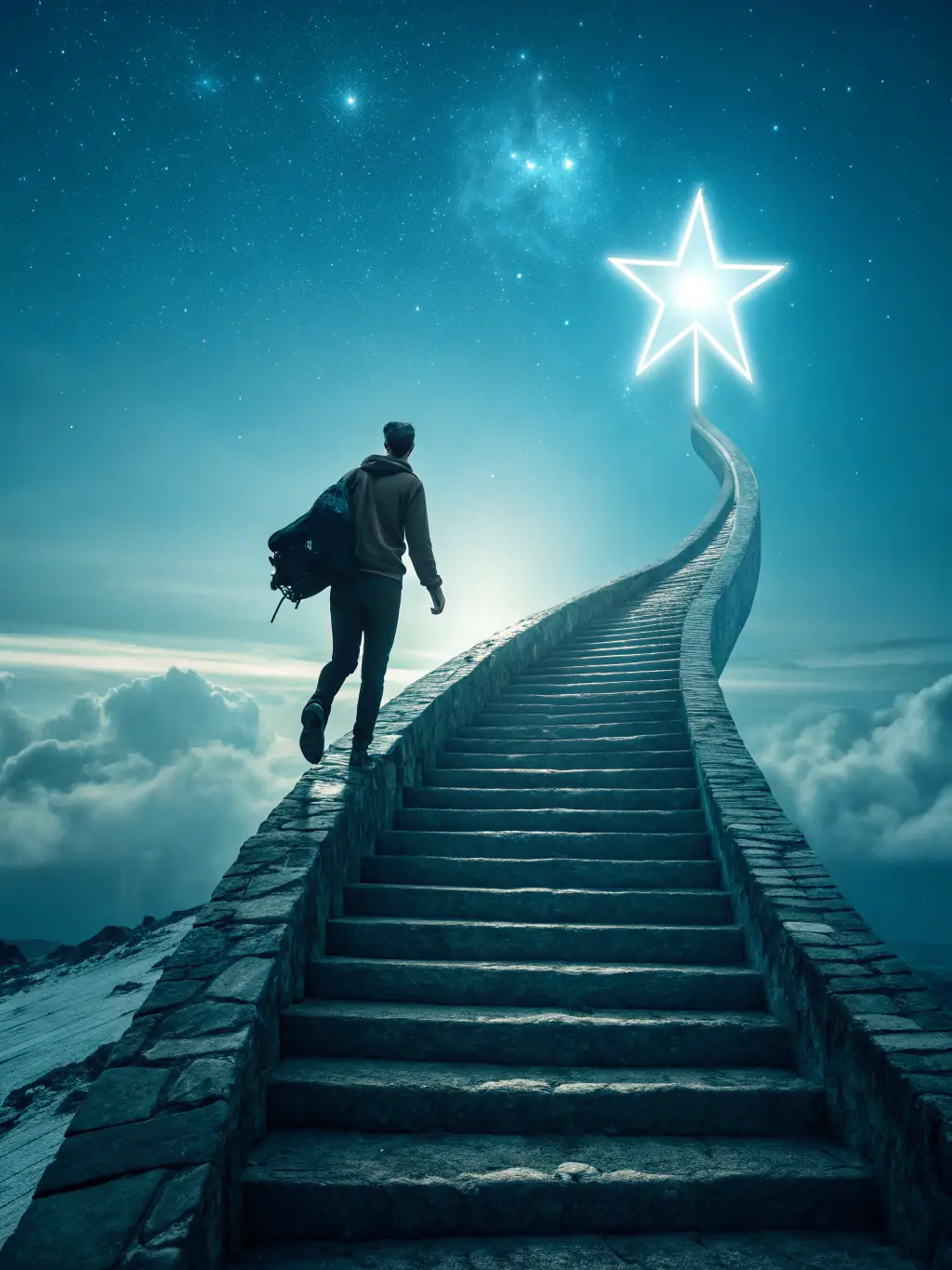 An image depicting a person ascending stairs towards a bright, aspirational future, symbolizing the brand growth and industry leadership achieved through DI Ascension.
